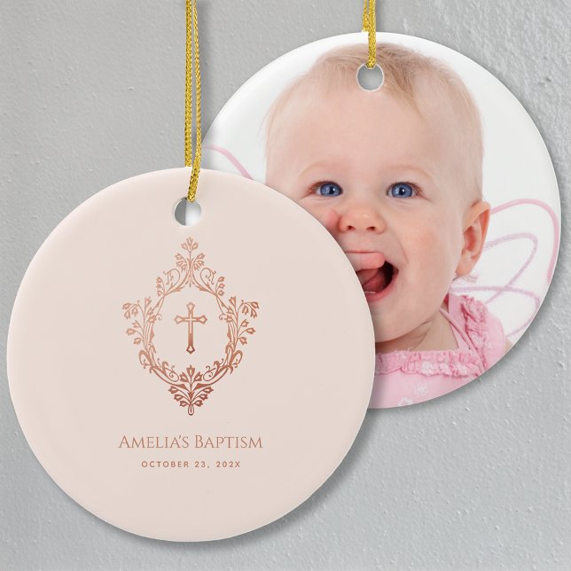 Pink Baptism Cross in Crest Rose Gold Girl Photo Ceramic Ornament (Creator Uploaded)