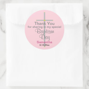 Pink Baptism Daughter Silver Cross Thank You Classic Round Sticker