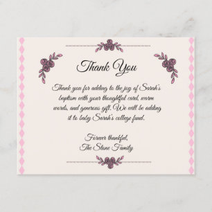 Pink Baptism For baby Girl Thank You Card