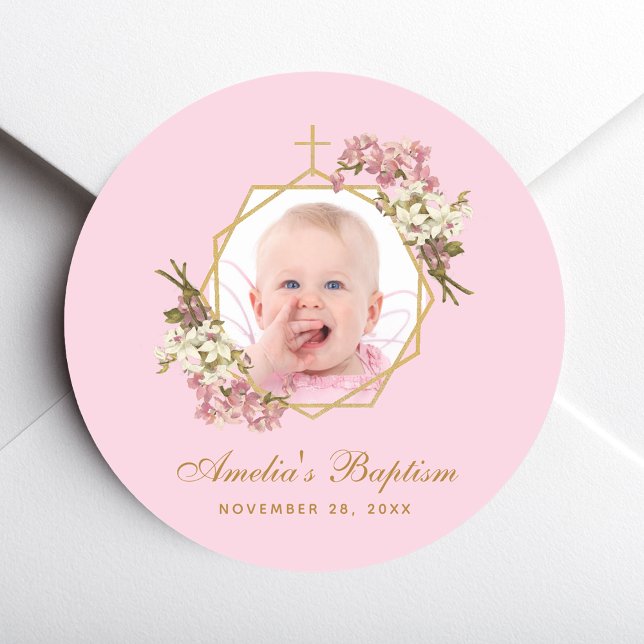 Pink Baptism Girl Photo Gold Cross Orchids Floral  Classic Round Sticker (Creator Uploaded)