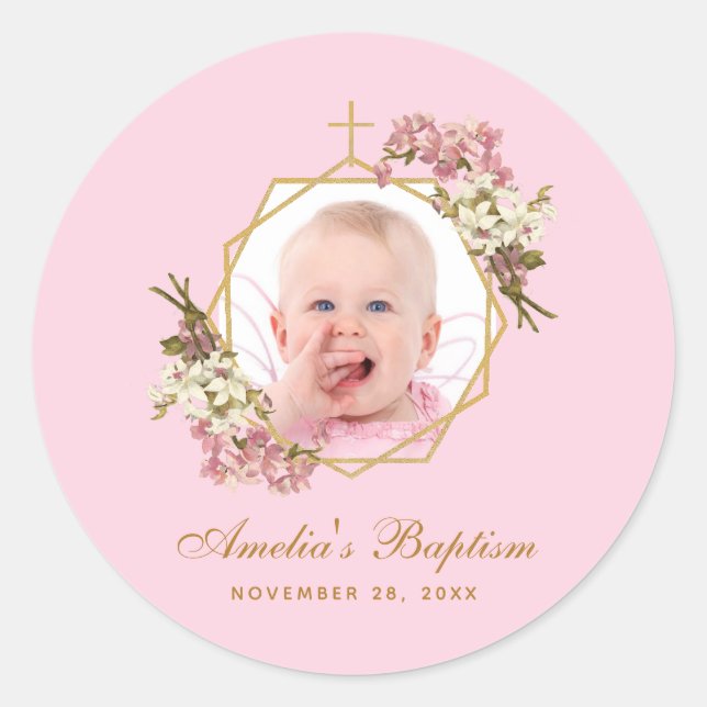 Pink Baptism Girl Photo Gold Cross Orchids Floral  Classic Round Sticker (Front)
