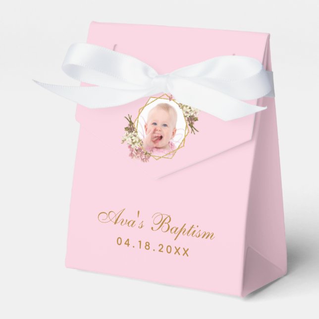 Pink Baptism Girl Photo Orchids Script Gold Floral Favour Box (Front Side)