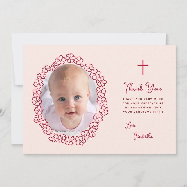Pink Baptism Girl Photo & Red Floral Wreath Script Thank You Card (Front)
