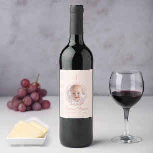 Pink Baptism Girl Photo Rose Gold Floral Wreath Wine Label