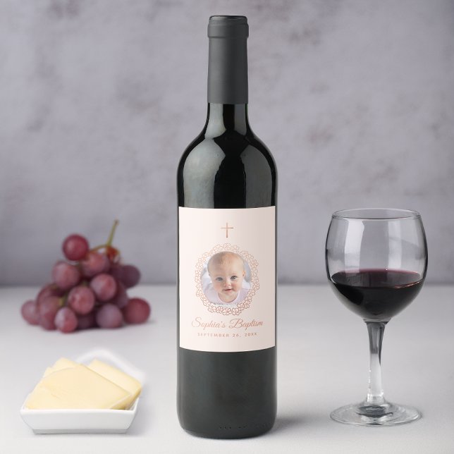 Pink Baptism Girl Photo Rose Gold Floral Wreath Wine Label (Creator Uploaded)