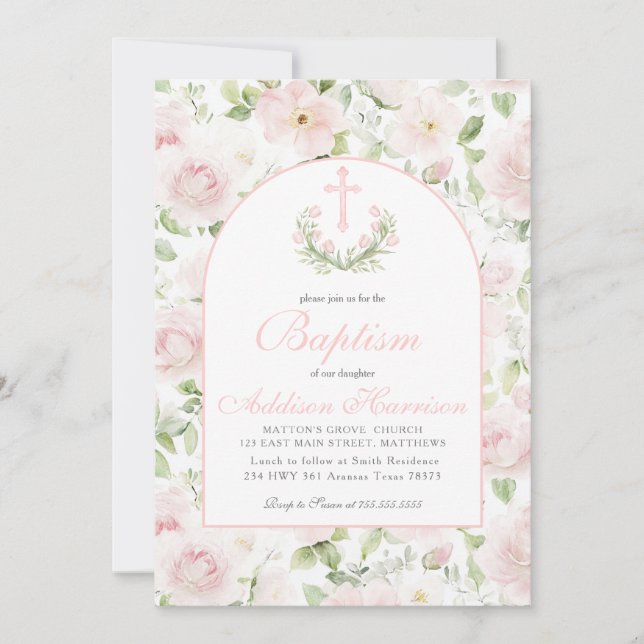 Pink Baptism Invitation, Girl Baptism,  Invitation (Front)