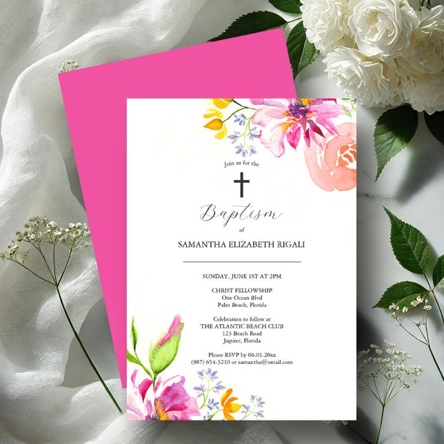 Pink Baptism Invitations Watercolor Flowers (Girl baptism invitations watercolor flowers art by Victoria Grigaliunas Do Tell A Belle)