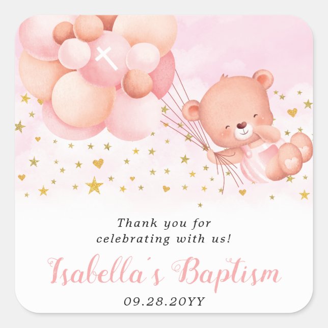 Pink Baptism Teddy Bear Thank You Baptism Favours Square Sticker (Front)
