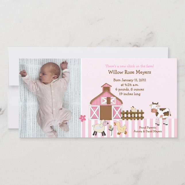 Pink Barn Animals Photo Birthday / Birth Card (Front)