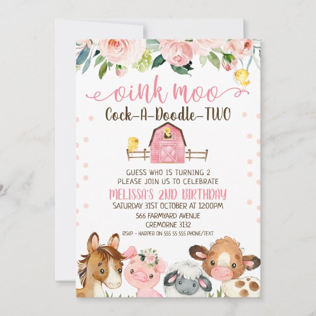 Pink Barn Cock-a-Doodle-TWO Animal Birthday Invitation (Front)