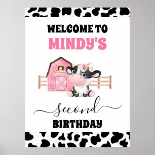 Pink Barn Cow Print 2nd Birthday Welcome Sign