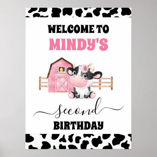 Pink Barn Cow Print 2nd Birthday Welcome Sign (Front)
