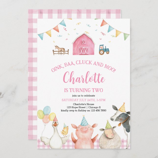 Pink Barn Farm Animals Barnyard Girl 2nd Birthday Invitation (Front/Back)