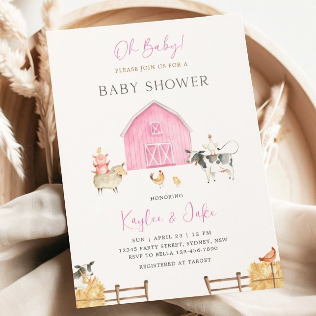 Pink Barn Farm Animals Oh Baby Girl Baby Shower Invitation (Creator Uploaded)