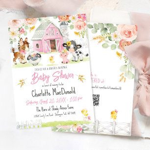 Pink Barn Farm Barnyard Animals Floral Baby Shower Invitation