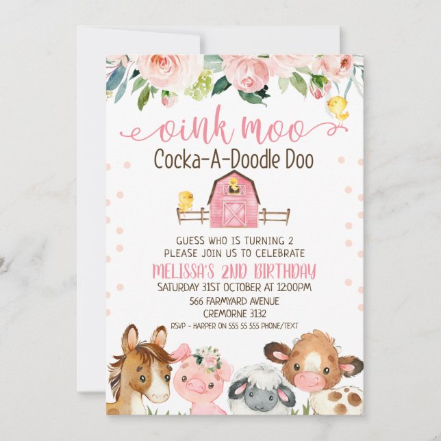 Pink Barn Floral Farm Animal Birthday Invitation (Front)