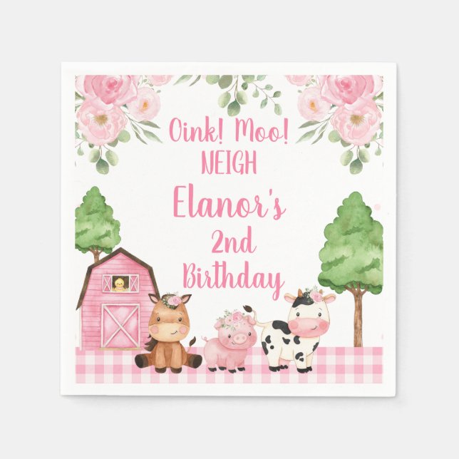 Pink Barn Floral Farm Oink Baa Neigh Birthday Napkin (Front)