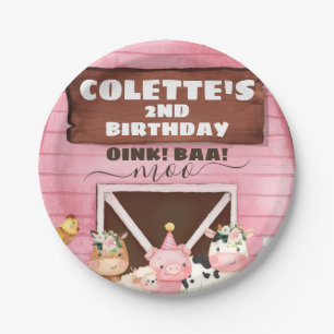 Pink Barn Oink Baa Moo Farm Animals Birthday Paper Plate