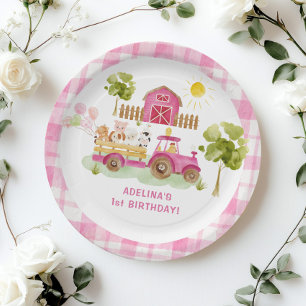 Pink barnyard farm animals birthday paper plate
