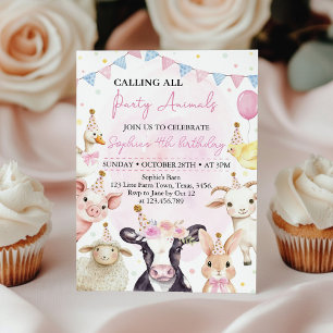 Pink Barnyard Farm Animals Girl Birthday Invitation
