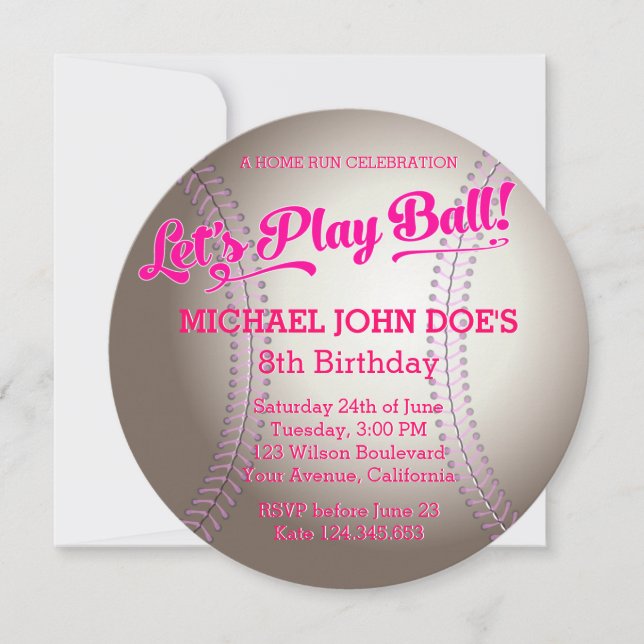 Pink Baseball Birthday Party Invitation (Front)
