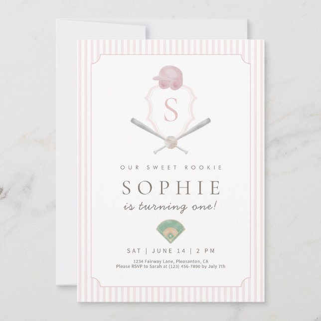 Pink Baseball Preppy Crest First Birthday invite (Front)