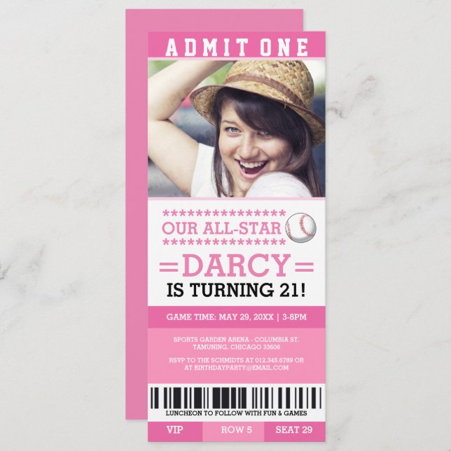 Pink Baseball Ticket Birthday Invites (Front/Back)