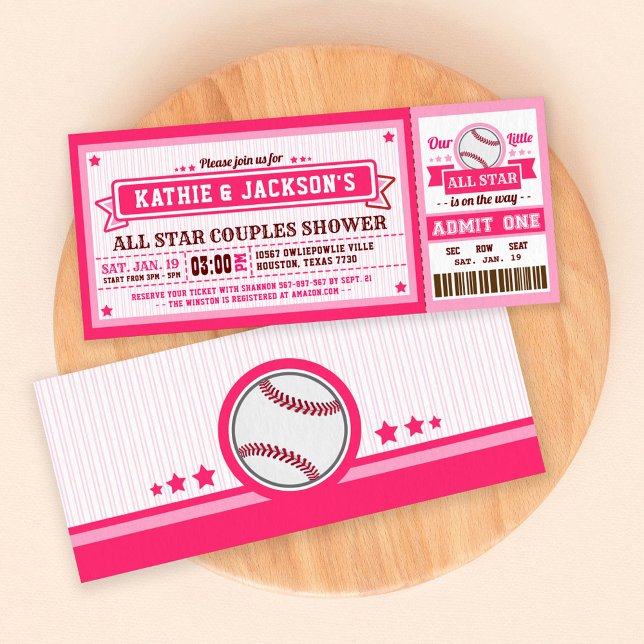 Pink Baseball Ticket Couple Baby Shower Invitation (Creator Uploaded)