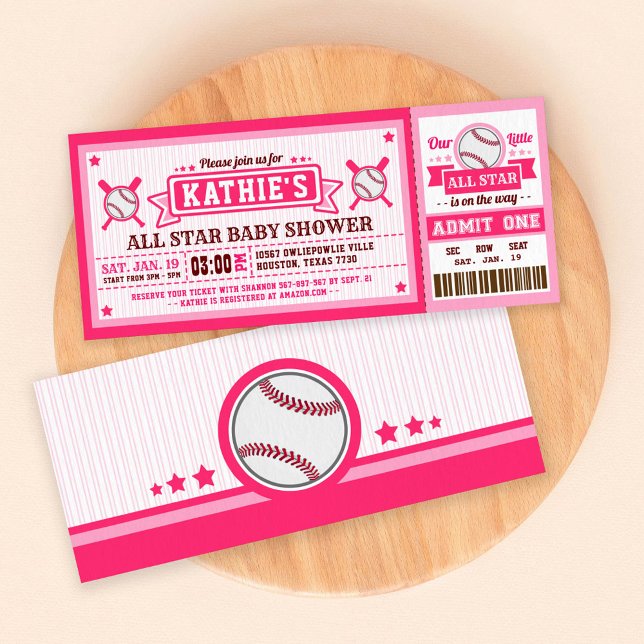 Pink Baseball Ticket Pass Baby Shower Invitation (Creator Uploaded)