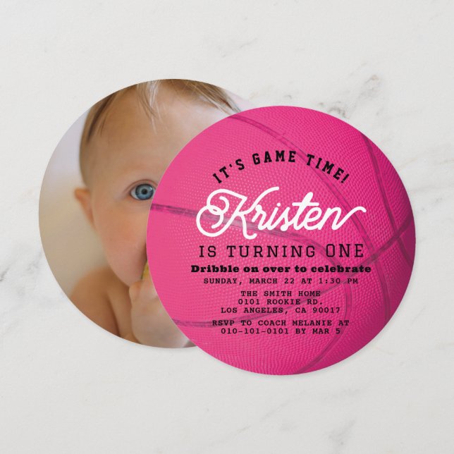 Pink Basketball Girl Photo 1st Birthday Circle Invitation (Front/Back)