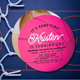 Pink Basketball Girl Photo 1st Birthday Circle Invitation