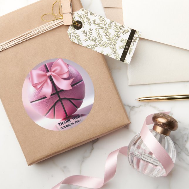 Pink Basketball Ribbon Bow Ball Baby Shower Classic Round Sticker (Gifting)