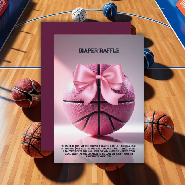 Pink Basketball Ribbon Bow Ball Baby Shower Invita Enclosure Card (Creator Uploaded)