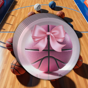 Pink Basketball Ribbon Bow Ball Baby Shower Invita Paper Plate
