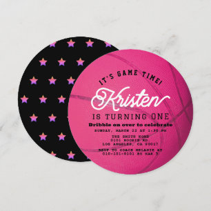 Pink Basketball Shape Girl 1st Birthday Circle Invitation