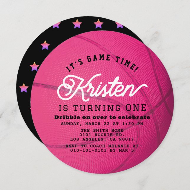 Pink Basketball Shape Girl 1st Birthday Circle Invitation (Front/Back)