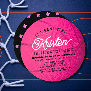 Pink Basketball Shape Girl 1st Birthday Circle Invitation