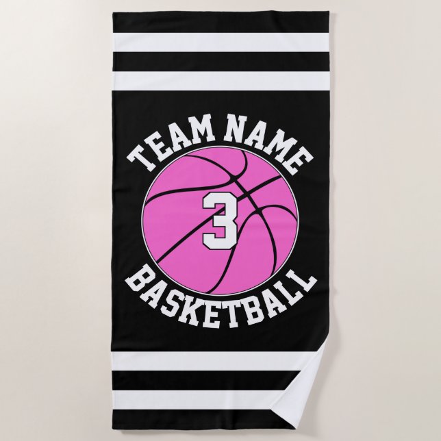 Pink Basketball Team Name & Player Number Custom Beach Towel (Front)
