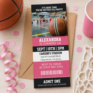 Pink Basketball Ticket Birthday Party Invitation