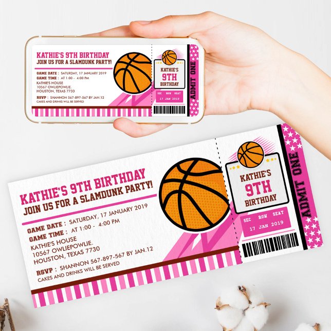 Pink Basketball Ticket Pass Birthday Invitation (Creator Uploaded)