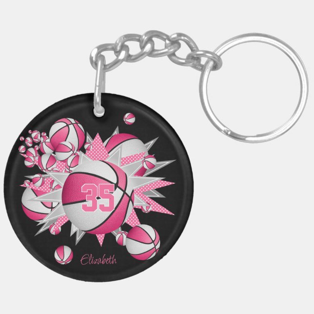 pink basketballs stars athlete jersey number key ring (Back Left)
