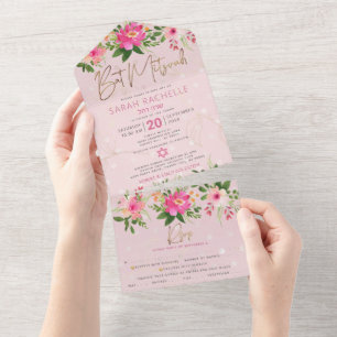 Pink Bat Mitzvah Gold Type Watercolor Floral Party All In One Invitation