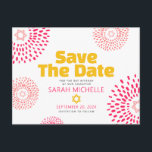 Pink Bat Mitzvah Save the Date Modern Starburst Invitation Postcard<br><div class="desc">Make sure all your friends and relatives will be able to celebrate your daughter’s milestone Bat Mitzvah! Send out this fun, boho retro, personalised “Save the Date” announcement postcard. Retro hot pink and coral flower starbursts with Stars of David, as well as bold modern yellow hot pink and dark grey...</div>