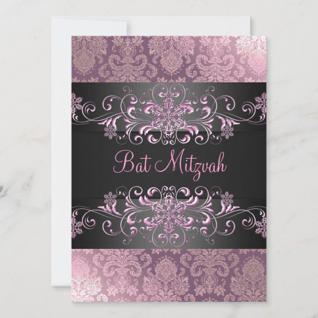 Pink Bat Mitzvah Snow & Damask Birthday Invite (Front)