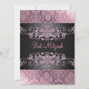 Pink Bat Mitzvah Snow & Damask Birthday Invite