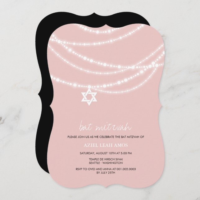 Pink Bat Mitzvah Sparkles Star Of David Invite (Front/Back)