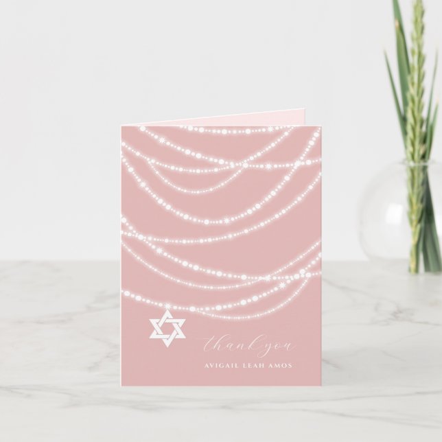 Pink Bat Mitzvah Sparkles Star Of David Photo Thank You Card (Front)