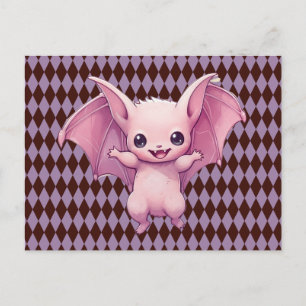 Pink Bat Purple Plaid Halloween Holiday Postcard
