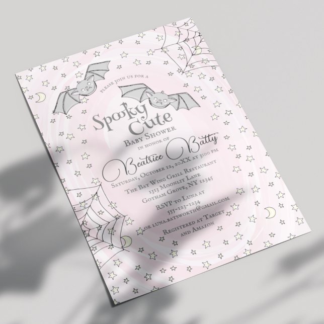Pink Bats Spooky Cute Baby Shower Invitation (Cute Spooky Cute Baby Bats Pink Baby Shower Invitation for Baby Girl. Pink Swirls, Bats, Webs, Stars)