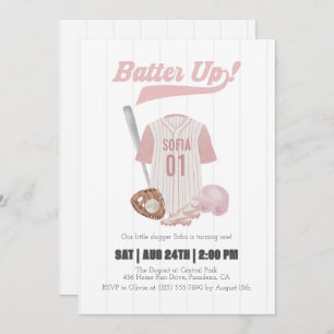 Pink Batter Up Baseball First Birthday Invitation